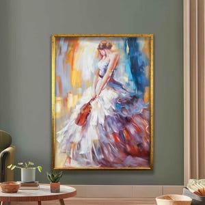 Canvas Elegante ballerina met viool - impressionistische kunst aan de muur - schilderij sierlijke danseres - romantisch ballet woondecoratie cadeau