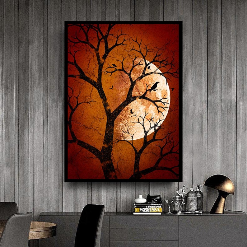 Full Moon Wall Art Night Sky Canvas Moon Retro Style Decor Etsy