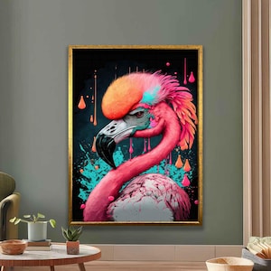 Neon Flamingo Wall Art Print - Abstract Digital Painting, Modern Bird Decor , wall decor