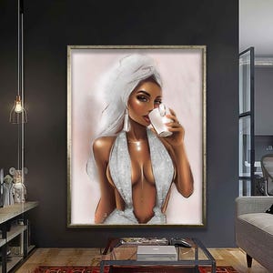 Glamorous Woman with Coffee Wall Art - Chic Modern Canvas for Bedroom, Living Room, or Salon Décor