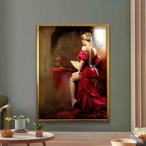 Red Dress Woman Canvas Art, Elegant Classical Wall Decor, Romantic Lady Painting, Vintage Aesthetic Artwork, Luxury Home and Office Print