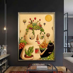Arte de pared con personajes suculentos y caprichosos: lienzo abstracto colorido para una decoración divertida de sala de estar, dormitorio o habitación de niños