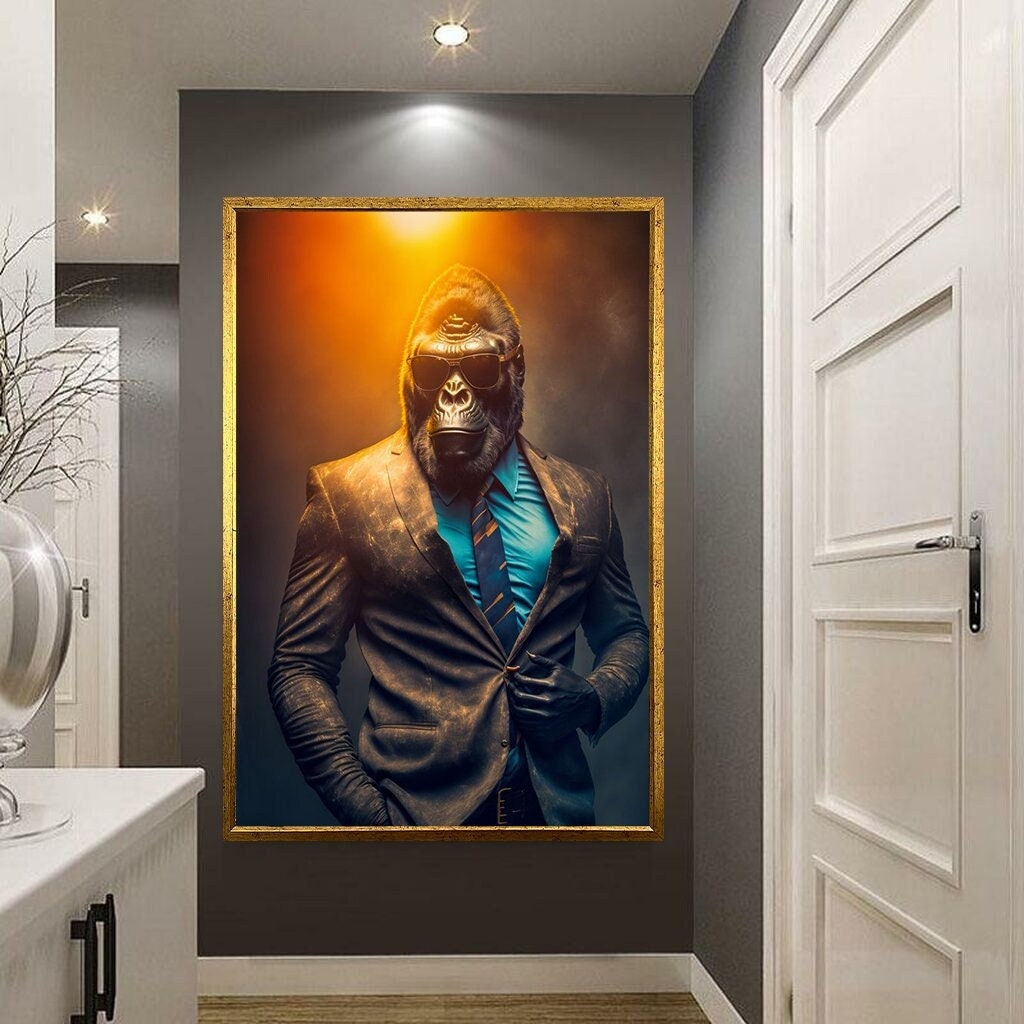 Surrealist design gorilla in suit canvas print wall print, original design table, wall art canvas , ready to hang canvas print,