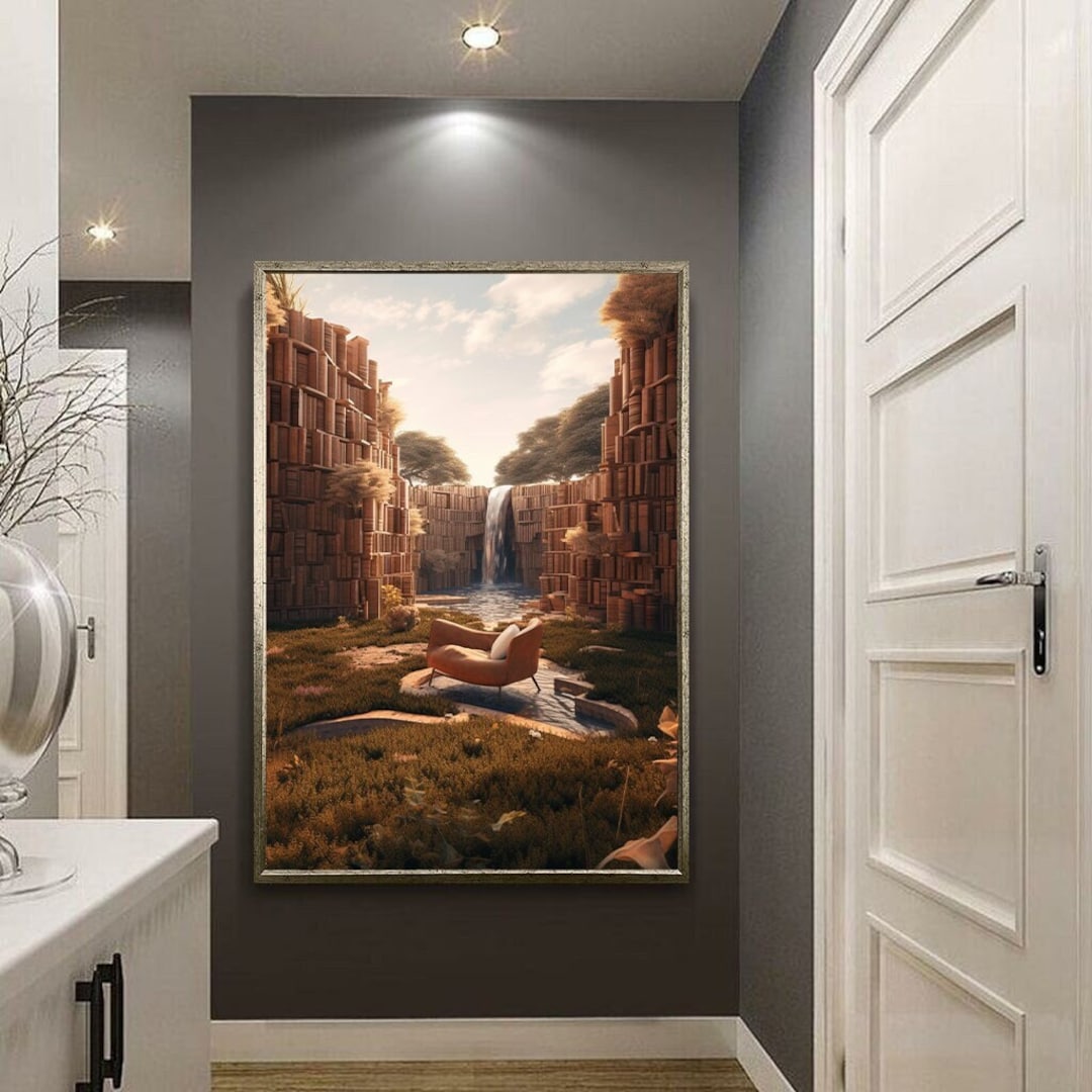 Surreal Library Canvas Wall Art, Book Library Decor, Librarian Wall
