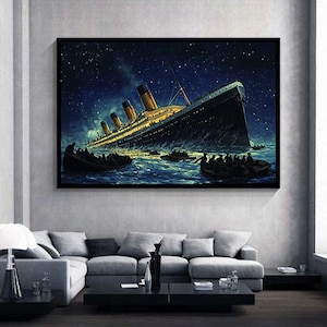 Titanic Ship at Night Canvas Wall Art – Historical Ocean Liner Sinking Scene – Nostalgic Nautical Maritime Home Decor