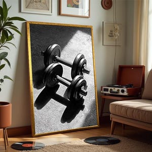 Black and White Dumbbell Wall Art Print, Minimalist Fitness Poster for Gym Decor, Workout Motivation Weightlifting Home Artwork