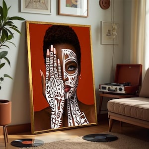 Bold African Woman Wall Art Print with Tribal Face Paint, Afrocentric Home Decor, Ethnic Cultural Poster, Melanin Beauty Artwork