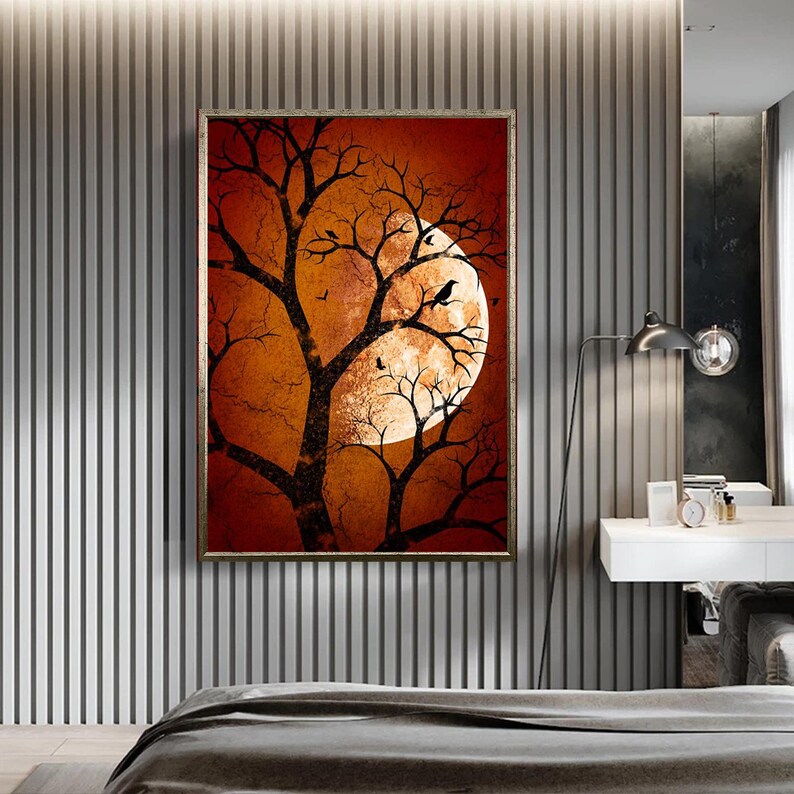 Full Moon Wall Art Night Sky Canvas Moon Retro Style Decor Etsy