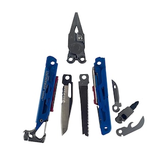 May include: A multi-tool with various components, including pliers, a knife, a saw, and a bottle opener. The tool has a blue and silver color scheme, with the brand name "LEATHERMAN SIGNAL" visible on one of the handles.