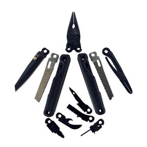 May include: A collection of black multi-tool components, including pliers, blades, a saw, and other tools. The tools are arranged in a radial pattern against a white background, showcasing their various functions and designs.