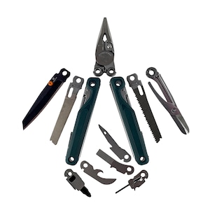 May include: A collection of multi-tools and accessories, including pliers, knives, saws, and scissors, arranged on a white background. The tools are made of metal and have black and green handles. The image showcases various tools for different tasks.