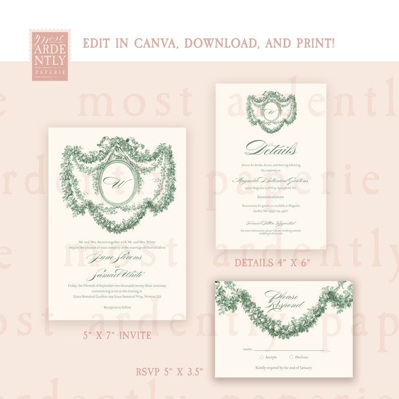 Sage Green Printable Wedding Invitation Vintage Floral Wedding Invitation Instant Download Wedding Invite Regency Garden Wedding image 4