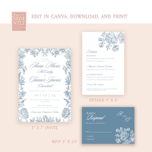 Dusty Blue Botanical Printable Wedding Invitation, Editable Wedding Templates, DIY Wedding Invitations, Floral Wedding, QR code RSVP, 5x7 image 6
