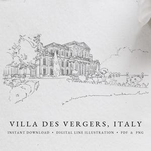 Puede incluir: Ilustración de línea de Villa des Vergers, una gran villa italiana con una fachada simétrica, rodeada de árboles y jardines. El texto "VILLA DES VERGERS, ITALIA" está debajo de la imagen.