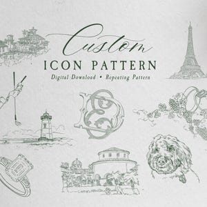 May include: A digital download graphic with various hand-drawn illustrations in green, including the Eiffel Tower, a dog, a lighthouse, golf clubs, a ring, and a monogram. The text reads "Custom Icon Pattern" and "Digital Download • Repeating Pattern."