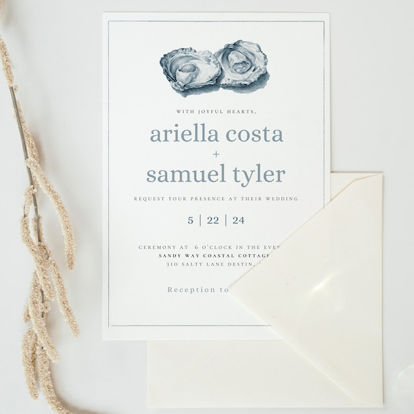 Modern Coastal Beach Wedding Invitation Set, Illustrated Printable Wedding Template, Beach Wedding Invite, Printable, RSVP & Details,