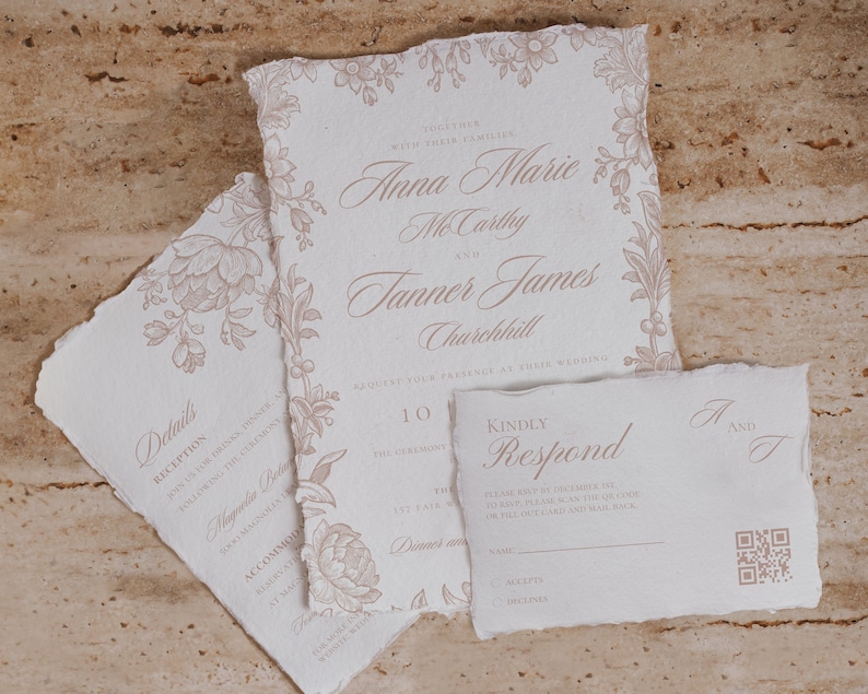 May include: Wedding invitation suite with a floral design. The main invitation features the names "Anna Marie McCarthy" and "Tanner James Churchill" in elegant script. The RSVP card includes a QR code for easy response.