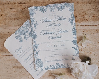 Dusty Blue Botanical Printable Wedding Invitation, Editable Wedding Templates, DIY Wedding Invitations, Floral Wedding, QR code RSVP, 5"x7"