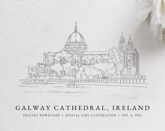 Galway Cathedral, Ireland Line Art Venue Illustration (PNG PDF)