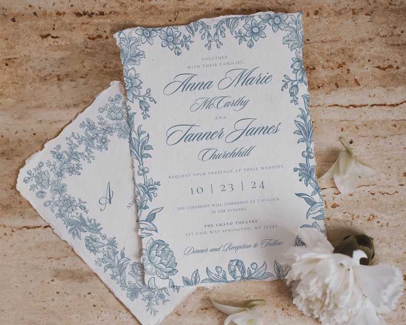 Dusty Blue Botanical Printable Wedding Invitation, Editable Wedding Templates, DIY Wedding Invitations, Floral Wedding, QR code RSVP, 5x7 image 3