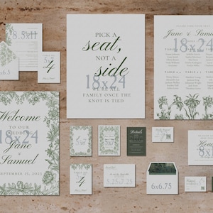 Hochzeitsschilder Einladungsvorlage Bundle Botanischer Garten Anpassbares Blumenmuster mit QR-Code Antwort usw