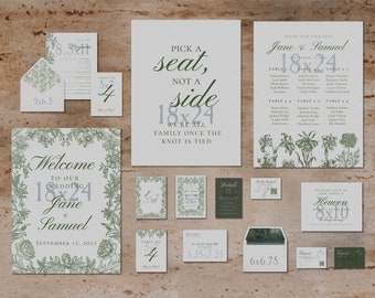 May include: A set of wedding stationery with a green floral design. The main piece is a welcome sign with the text "Welcome to our wedding Jane & Samuel September 15, 2023". There are also table numbers, a seating chart, and a sign that says "Pick a seat, not a side. We're all family once the knot is tied."