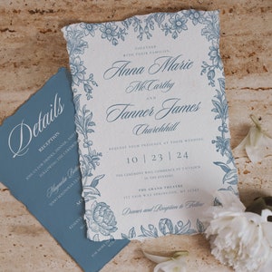Dusty Blue Botanical Printable Wedding Invitation, Editable Wedding Templates, DIY Wedding Invitations, Floral Wedding, QR code RSVP, 5x7 image 2