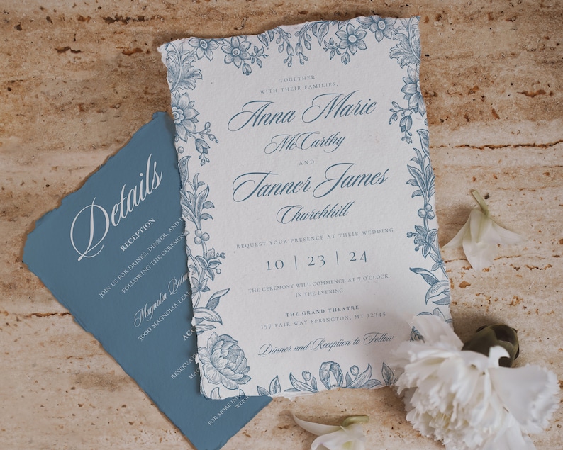 Dusty Blue Botanical Printable Wedding Invitation, Editable Wedding Templates, DIY Wedding Invitations, Floral Wedding, QR code RSVP, 5x7 image 2