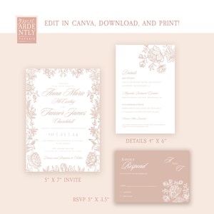 May include: A printable wedding invitation suite with a floral design. The invitation is 5 inches by 7 inches, the details card is 4 inches by 6 inches, and the RSVP card is 5 inches by 3.5 inches. The invitation features a floral border with the names "Anna Marie McCarthy" and "Tanner James Churchill" in a script font. The details card includes the reception information and the RSVP card has a place for the guest to fill in their name and RSVP choice.