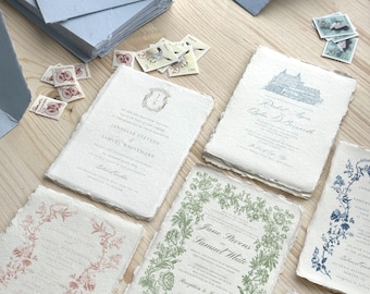 Deckled Paper Wedding Invitations, Vintage Wedding Invitations on Handmade Paper