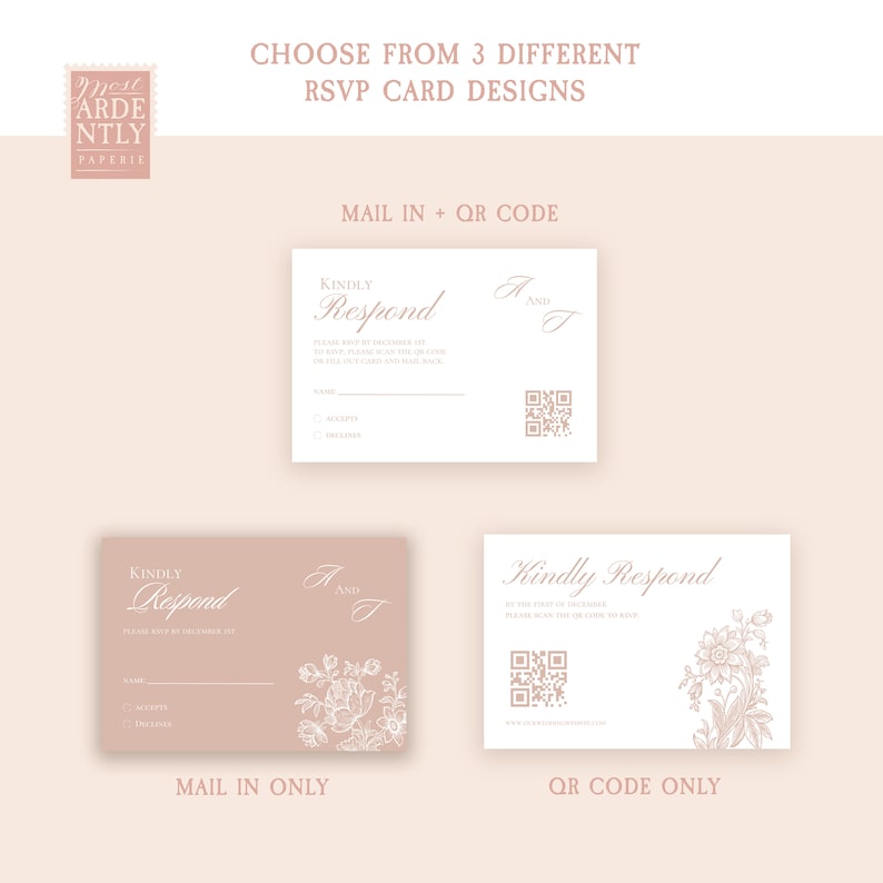 May include: Three different RSVP card designs for a wedding. The first design is a white card with a floral design and a QR code. The second design is a blush pink card with a floral design. The third design is a white card with a floral design and a QR code. The text on the cards reads "Kindly Respond".