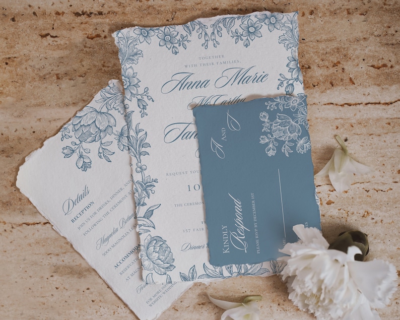 Dusty Blue Botanical Printable Wedding Invitation, Editable Wedding Templates, DIY Wedding Invitations, Floral Wedding, QR code RSVP, 5x7 image 5