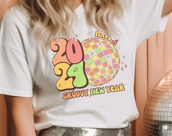 Happy New Year-T-shirt, NYE 2025-T-shirt, Disco-T-shirt, Vintage T-shirt, kerstcadeau, cadeau voor haar, Retro T-shirt, vakantiecadeau, T-shirt NYE 2025, Nieuwjaarsshirt