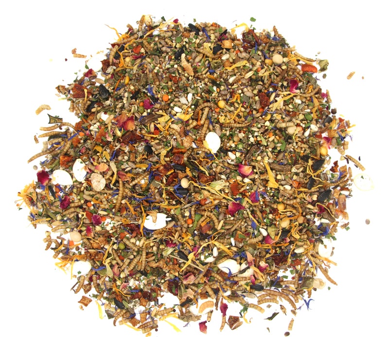 May include: A close-up of a mixture of dried food for small animals, including insects, seeds, and flowers. The mixture is a variety of colors, including brown, yellow, orange, red, and blue.