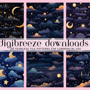 20 Celestial Skies Seamless File, Stars and Moon tile pattern, Witchy Pattern