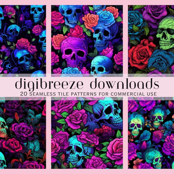 20 Psychedelic Blacklight Seamless File, Skulls Roses tile pattern, bright Pattern