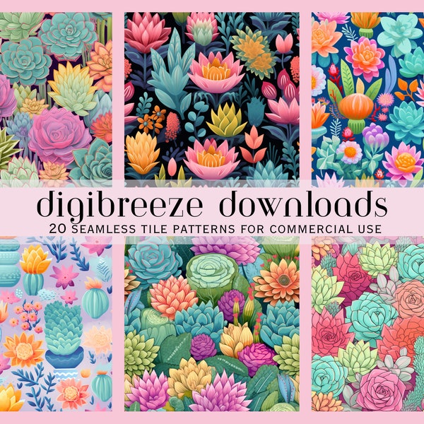 20 Pastel Succulent Seamless File, Plants tile pattern, Colorful Pattern