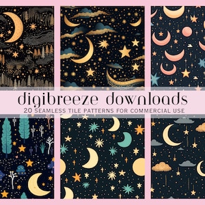 20 Celestial Moons and Stars Seamless File, Sky tile pattern, Witchy Pattern