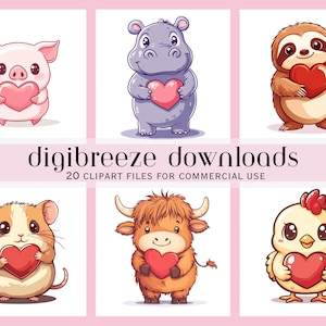 20 walentynkowych zwierząt Clipart, kreskówkowe zwierzęce serca grafiki, kawaii walentynkowa sztuka