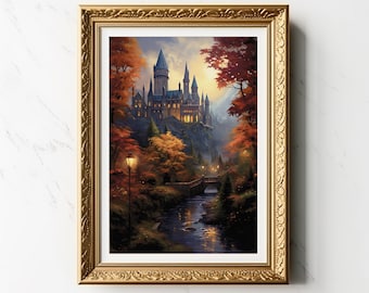 May include: A framed painting of a large, dark castle with many towers, set against a backdrop of a forest with fall foliage and a river flowing through it.