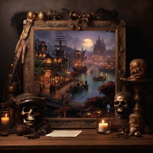 Póster de la noche de los piratas, decoración de Halloween, barco pirata gorrión, antigüedad espeluznante, arte de pared vintage de WDW