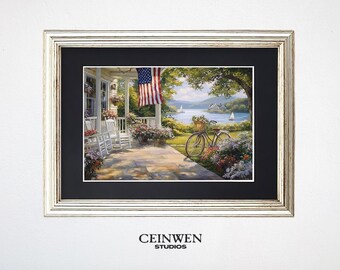 American Flag Porch Print | Vintage Lake House Wall Art (Digital Download)