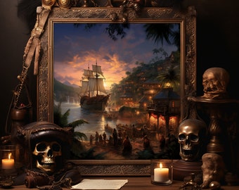 pirates night poster | boat ride decor | magical sparrow pirateship | spooky seven seas antique | wdw vintage halloween wall art