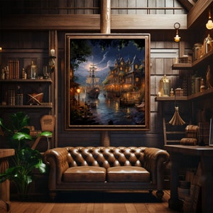 May include: A framed painting of a ship sailing into a harbor at night. The harbor is lined with buildings with lit windows. The painting is hanging on a wooden wall in a room with a leather couch and shelves.