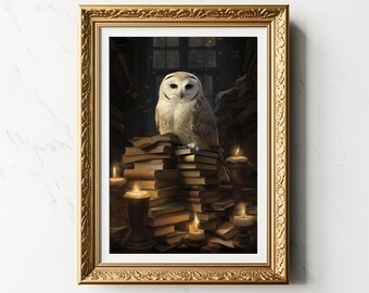 white owl in wizard library halloween print | wizarding world decor | magic vintage painting dark academia wall art | fall digital download