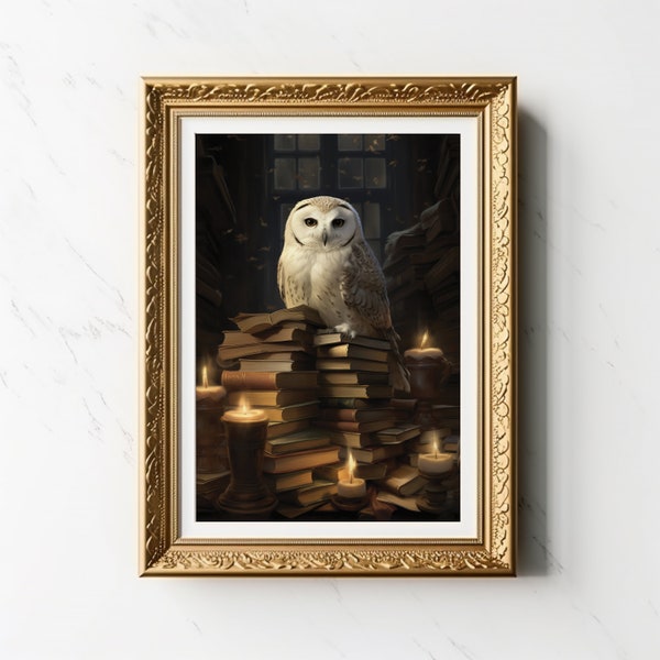 white owl in wizard library halloween print | wizarding world decor | magic vintage painting dark academia wall art | fall digital download