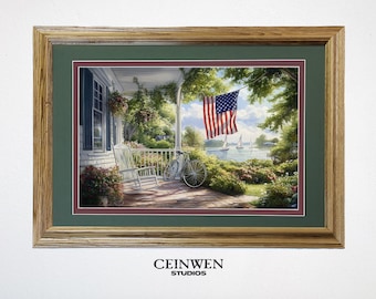 American Flag Porch Print | Vintage Lakefront Cottage Art (Digital Download)
