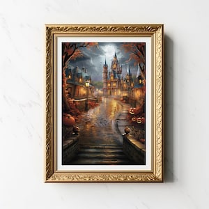 magical castle halloween print | thomas kinkade inspired | wdw poster | halloween town decor | whimsical art print | cute spooky night scene