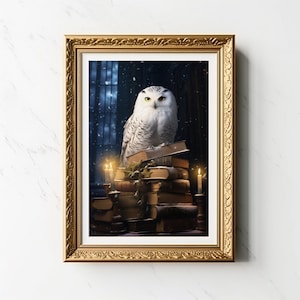 snowy owl holiday wall art | wizard christmas printable | wizardry school holiday decor |  snowing print | magical merry christmas wall art