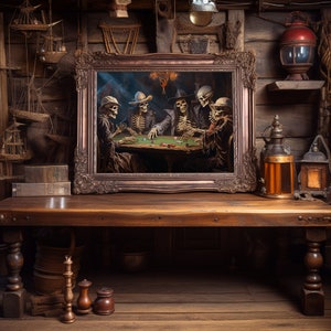 pirates halloween print | moody dark academia decor | skeletons playing poker night poster | spooky antique haunted casino vintage wall art